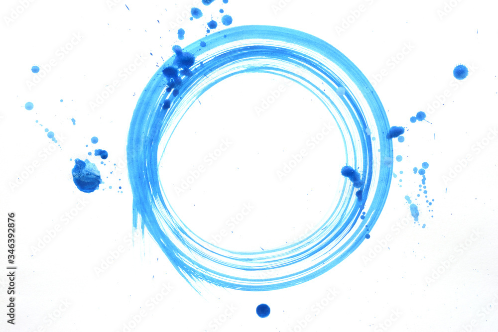 Fototapeta premium Brush painted blue circle & drops on white background