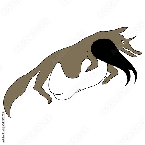 Isolated vector illustration. Naked girl seeping with coyote. Trickster totem animal. Creative art.