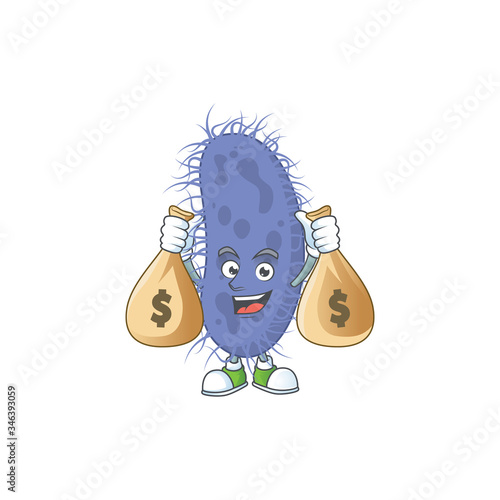 Blissful rich salmonella typhi cartoon character having money bags