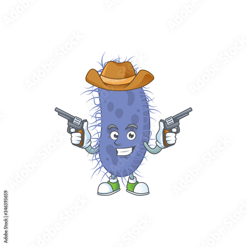 A cowboy cartoon character of salmonella typhi holding guns