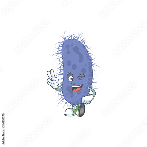 Cheerful salmonella typhi mascot design with two fingers