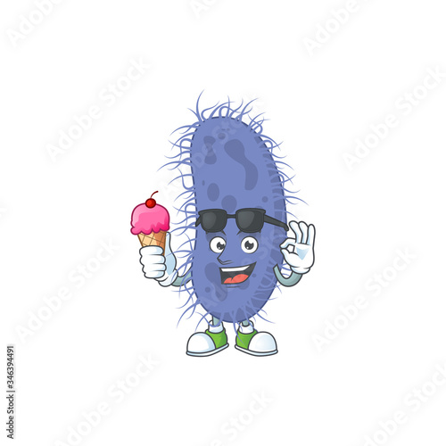 Cute salmonella typhi cartoon character enjoying an ice cream