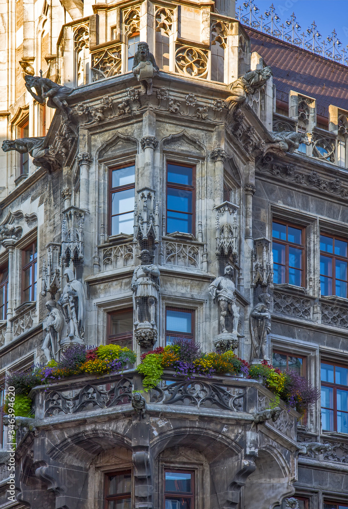 Detail of city hall on the central square in the city centre of Munich, Germany