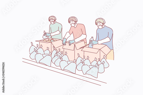 Coronavirus, medical help concept. Team of young men cartoon characters in medical face masks preparing delivery food supplies together. Health service during 2019ncov infection or covid19 desease.