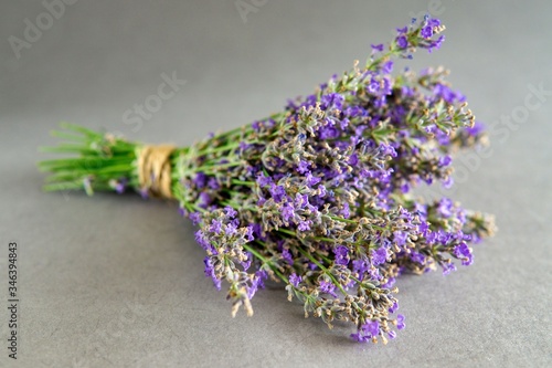 Bunch of lavender flowers on grey background