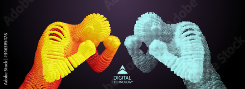 Two boxer before a fight. Sport competition template. Vector illustration composed of particles.