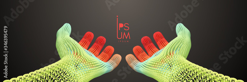 Helping and proctecting hands. Technologies of the future. Connection structure. 3D vector illustration for advertising, marketing or presentation.
