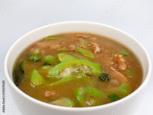 spicy mixed vegetable soup, Thai foods "Kaeng Liang" a vegetable soup cooked with curry pepper krachai onion basil..
