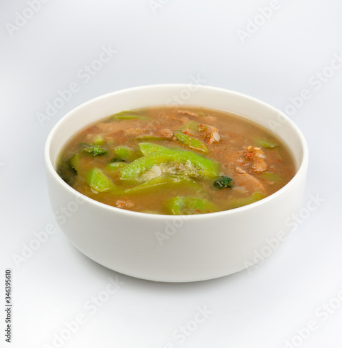 spicy mixed vegetable soup, Thai foods "Kaeng Liang" a vegetable soup cooked with curry pepper krachai onion basil..