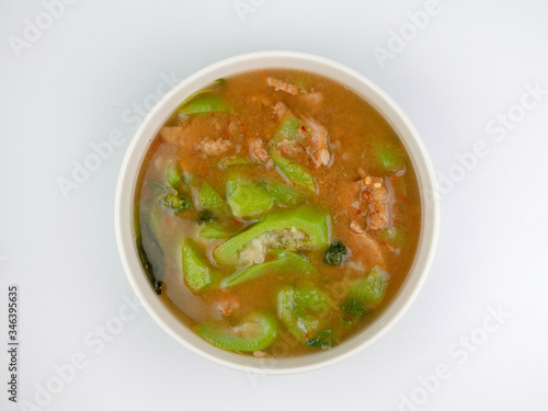 spicy mixed vegetable soup, Thai foods "Kaeng Liang" a vegetable soup cooked with curry pepper krachai onion basil..