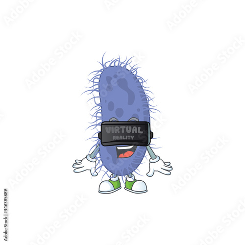 A cartoon mascot of salmonella typhi enjoying game with Virtual reality headset