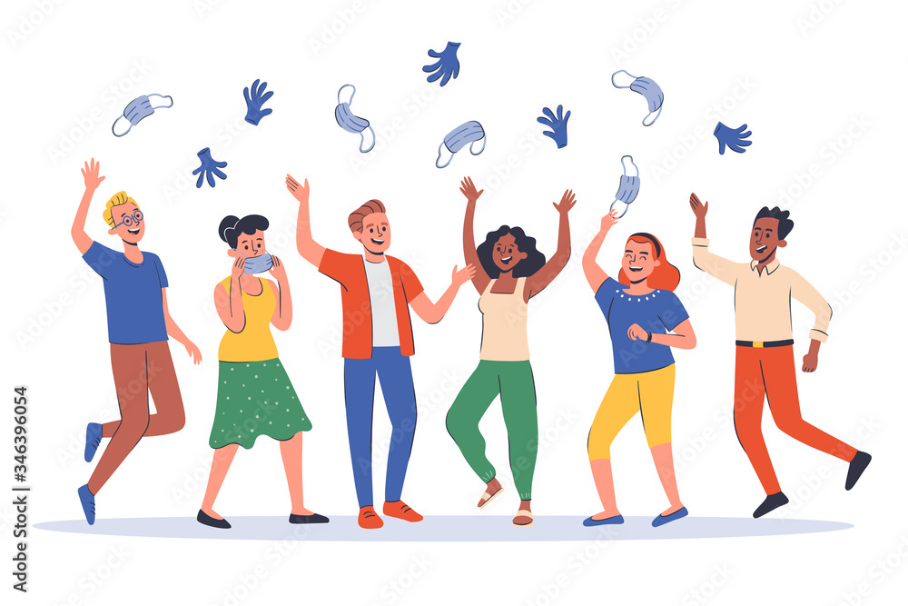 Fototapeta premium Group of six people celebrating the end of the Covid 19 Quarantine Pandemic throwing up their sanitary masks and gloves. Hand drawn vector illustration isolated on white background.