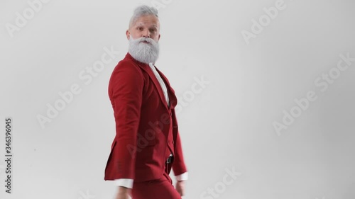 crazy Santa,dancing and rejoicing,on white background,advertising area,showing copy space for crazy idea presentation,new year and Christmas concept