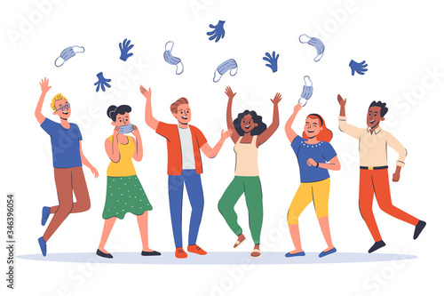 Group of six people celebrating the end of the Covid 19 Quarantine Pandemic throwing up their sanitary masks and gloves. Hand drawn vector illustration isolated on white background.