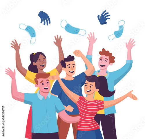 Group of five people celebrating the end of the Covid 19 Quarantine Pandemic, throwing up their sanitary masks and gloves. Cartoon vector illustration.