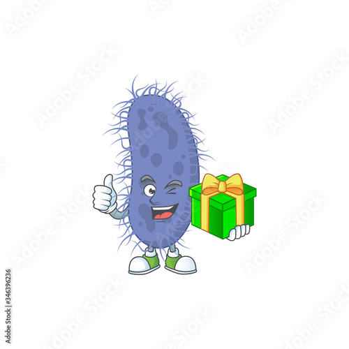 Smiley salmonella typhi cartoon character holding a gift box