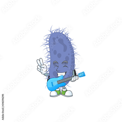 Happy face of salmonella typhi cartoon plays music with a guitar