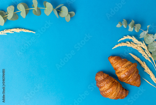 Two Croissants and eucalyptus leaves on Blue background. Good Morning or food concept. Flat lay rustic banner  top view  copy space.