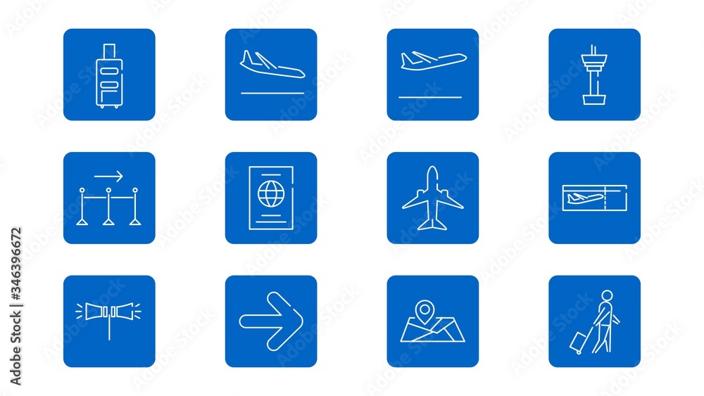 airport icon collection. including tickets, passports, planes and others.vector illustration