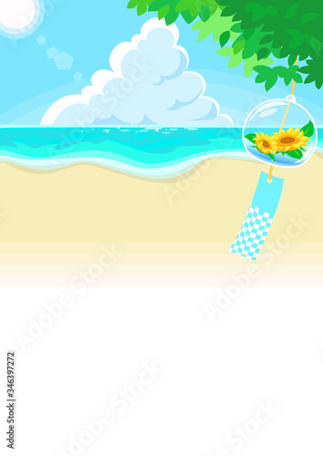 日本の夏のグリーティングカード/夏の風物詩　海　風鈴　ヒマワリ