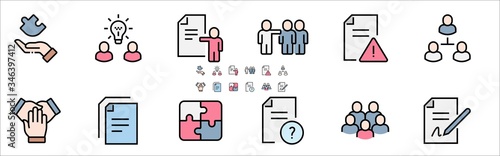 Team Work Filled Outline Icons. Colorful Linear Set Vector Line Icon. Cooperation, Collaboration, Team Meeting and more. 64x64 Pixel Perfect. Editable Stroke