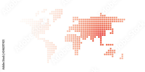 Covid 19 - Coronavirus disease 2019 theme map of World. Pixelized map with red epicenter of coronavirus desease in Wuhan, China