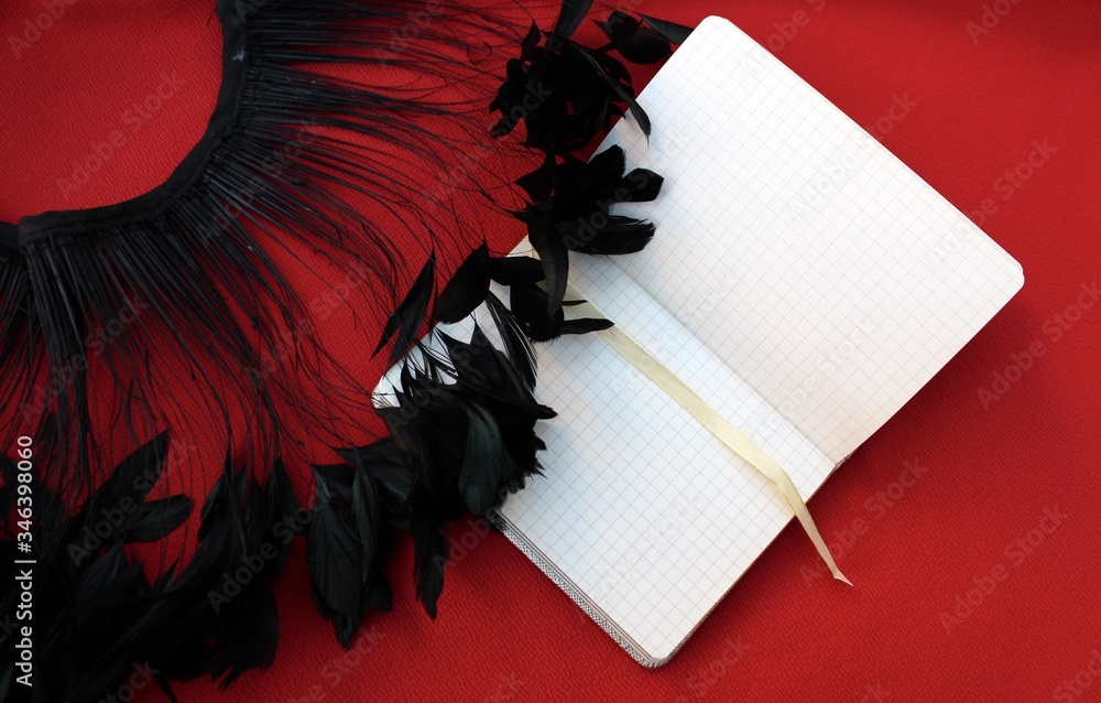 Open notebook on a red background. With black long feathers. Open notebook with feathers isolated on a bordo backdrop with place for text.