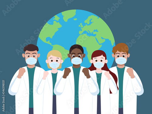 Group of multiracial doctors and nusrses wearing surgical mask are cheering up and raising their fists on earth pattern background. Community of common destiny for all mankind.Flat cartoon style.  