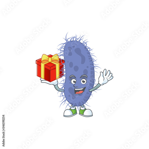 Charming salmonella typhi mascot design has a red box of gift
