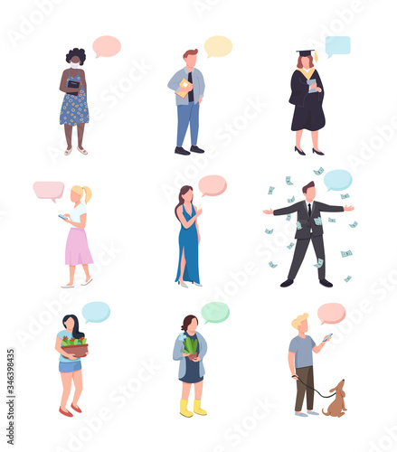 Conversation flat color vector faceless characters set. Gardener with cactus. Dog owner. Woman with champagne. People with speech bubbles isolated cartoon illustrations on white background