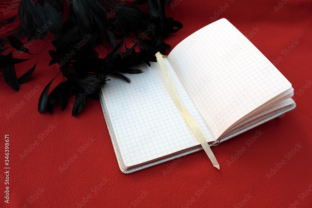 Open notebook on a red background. With black long feathers. Open notebook with feathers isolated on a bordo backdrop with place for text.
