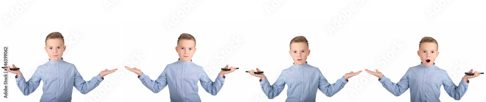 Collage of four same funny positive cheerful active school boys holds Cell Phone.He is surprised. isolated white studio background. Collage of four same funny positive cheerful active school boys holds Cell Phone.He is surprised. isolated white studio background.