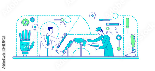 Medical prosthetics thin line concept vector illustration. Scientist and engineer 2D cartoon characters for web design. Lab workers developing artificial body parts. Limbs replacement creative idea
