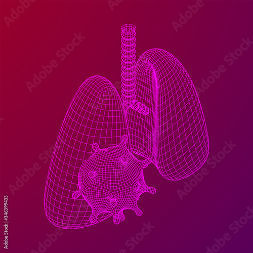 Corona Virus and Lungs with trachea bronchi internal organ human. Covid virus pulmonology medicine science concept. Wireframe low poly mesh vector illustration.