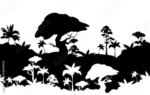 Jungle landscape black silhouette seamless border. African exotic nature monochrome vector illustration. Rainforest dense trees decorative ornament design. Tropical plants repeating pattern