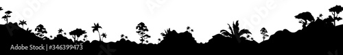 Jungle landscape black silhouette seamless border. Trees and mountains, exotic nature monochrome vector illustration. Rainforest decorative ornament design. Tropical plants repeating pattern