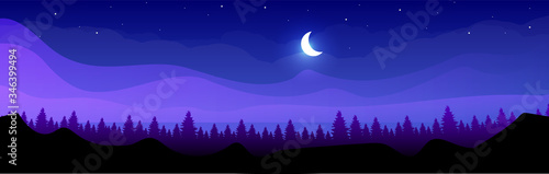 Mountains at night flat color vector illustration. Coniferous forest at midnight. Wild peaceful nature. Fir trees and hills 2D cartoon landscape with crescent moon and starry sky on background