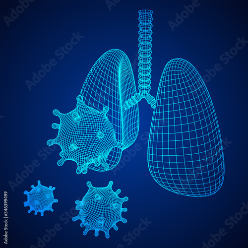 Corona Virus and Lungs with trachea bronchi internal organ human. Covid virus pulmonology medicine science concept. Wireframe low poly mesh vector illustration.