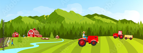 Farmland flat color vector illustration. Filed and plantation rural landscape. Vegetables cultivation and harvesting. Farmers 2D cartoon character with coniferous forest and mountains on background