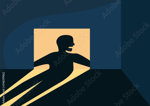 Empty room with sinister shadow flat color vector illustration. Abandoned apartment 2D cartoon interior with evil silhouette on background. Isolation, loneliness and solitude concept