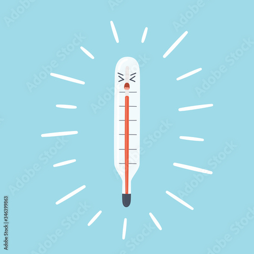 Medical thermometer shows high body temperature. Red column of the thermometer scale as symbol fever. Vector illustration in cartoon style
