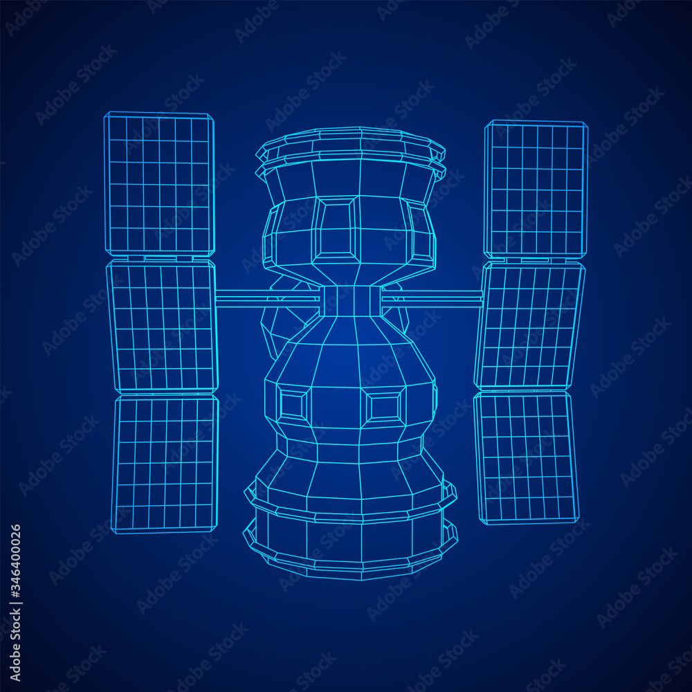 Space station communications satellite. Wireframe low poly mesh vector illustration. Space station communications satellite. Wireframe low poly mesh vector illustration.