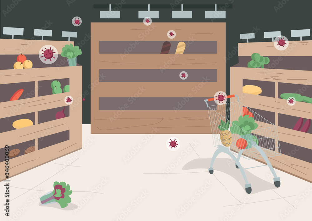 Empty supermarket flat color vector illustration. Grocery store on  quarantine 2D cartoon landscape with empty shelves on background.  Coronavirus pandemic, food shortage, emergency shopping Stock Vector |  Adobe Stock