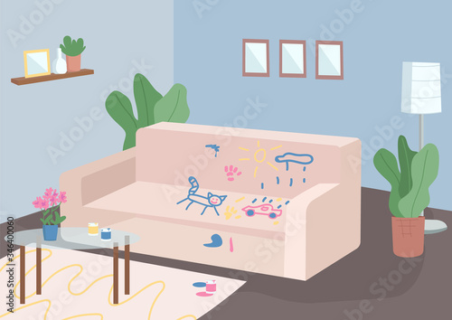 Messy living room flat color vector illustration. Empty room 2D cartoon interior with furniture on background. Child mischief, bad behaviour. Couch painted with kids drawings. Stressful parenthood