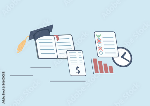 Stress factors flat concept vector illustration. Book with mortar board, bills, graph and clock 2D cartoon composition for web design. Education and business problems, financial crisis creative idea