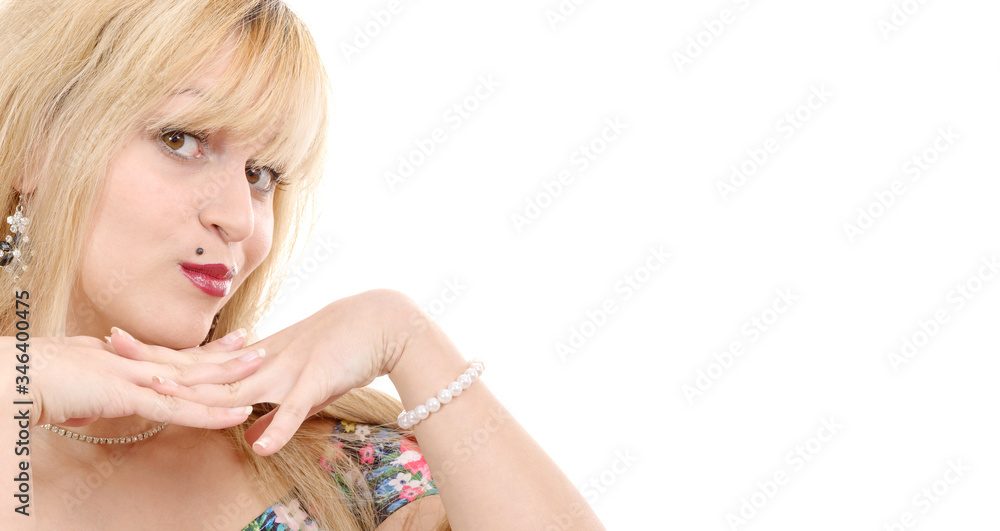 portrait of pretty young woman with blond hair, on white portrait of pretty young woman with blond hair, on white