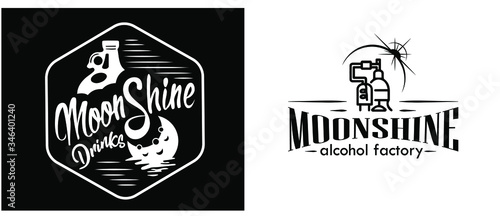 Vintage design of moonshine label with ethnic elements in the style of thin line, bourbon, moonshine and brandy. Black and white vintage logo or label options. Monochrome, black on white. white on bla