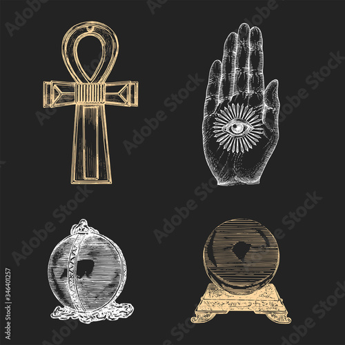 Mysterious and occult things,vector illustration in engraving style. Magical symbols set.Sketches of esoteric artefacts.