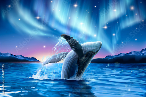 Whale breaching with dreamy aurora © MITstudio