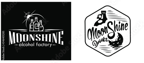 Vintage design of moonshine label with ethnic elements in the style of thin line, bourbon, moonshine and brandy. Black and white vintage logo or label options. Monochrome, black on white. white on bla